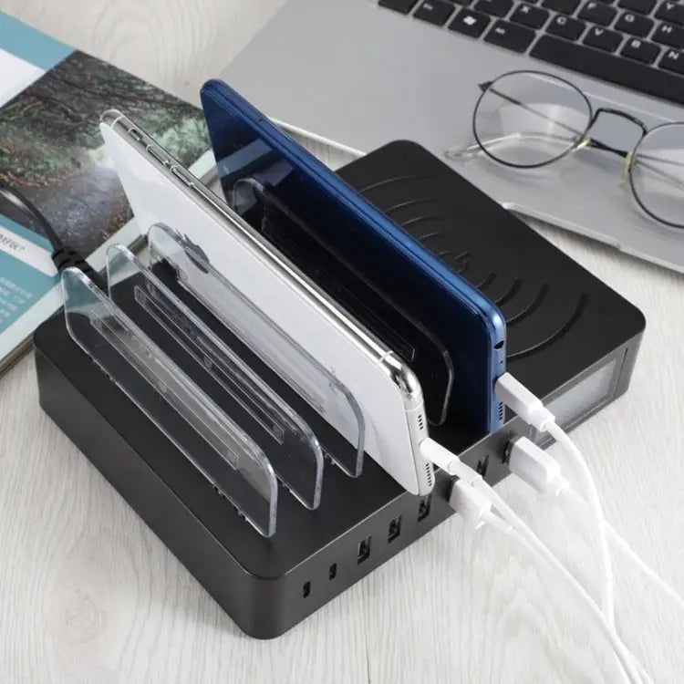 50W 6 USB Ports + 2 USB-C / Type-C Ports + Wireless Charging Multi-function Charger with LED Display & Detachable Bezel