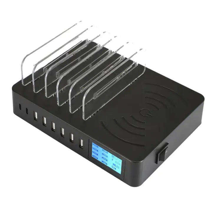 50W 6 USB Ports + 2 USB-C / Type-C Ports + Wireless Charging Multi-function Charger with LED Display & Detachable Bezel