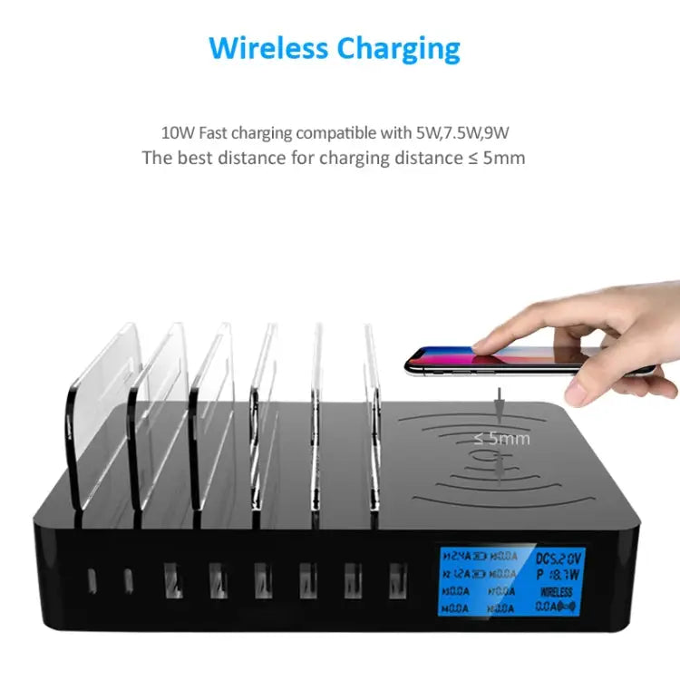 50W 6 USB Ports + 2 USB-C / Type-C Ports + Wireless Charging Multi-function Charger with LED Display & Detachable Bezel