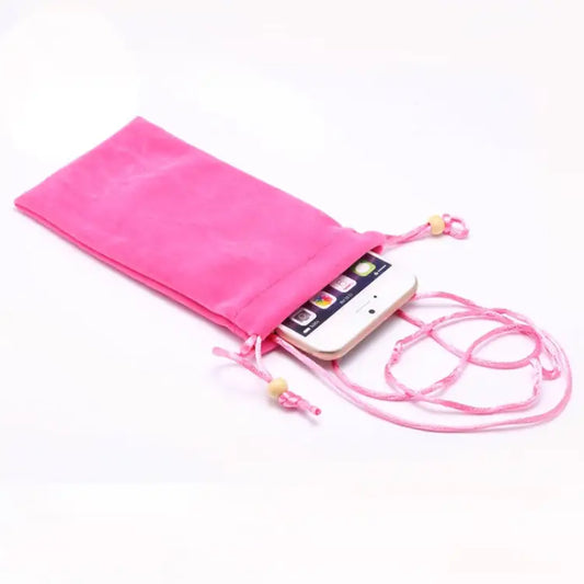 6.9 inch Universal Leisure Cotton Flock Cloth Carry Bag with Lanyard for iPhone 8 Plus Galaxy S10+ Huawei Mate 20X