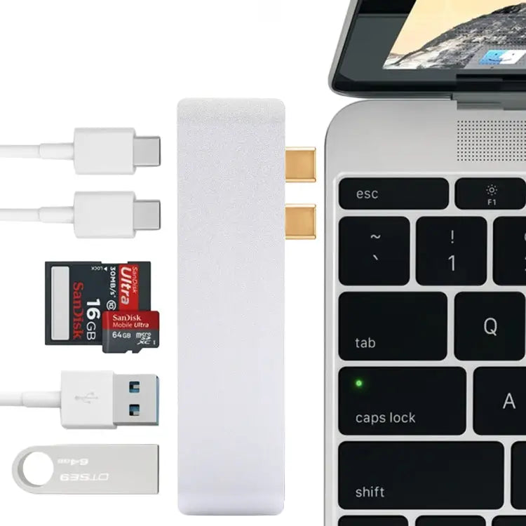 6 in 1 Multi-function Aluminium Alloy 5Gbps Transfer Rate Dual USB-C / Type-C HUB Adapter with 2 USB 3.0 Ports & 2
