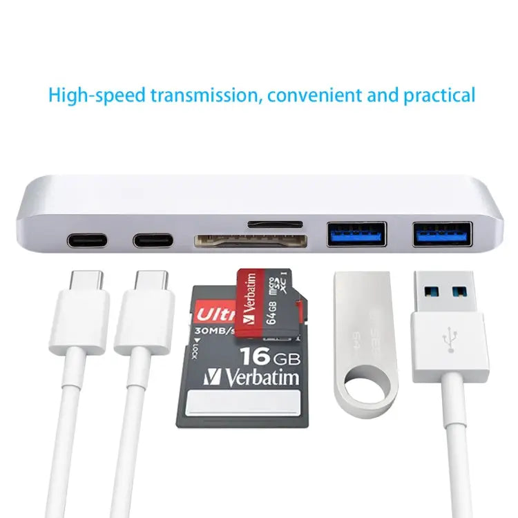 6 in 1 Multi-function Aluminium Alloy 5Gbps Transfer Rate Dual USB-C / Type-C HUB Adapter with 2 USB 3.0 Ports & 2