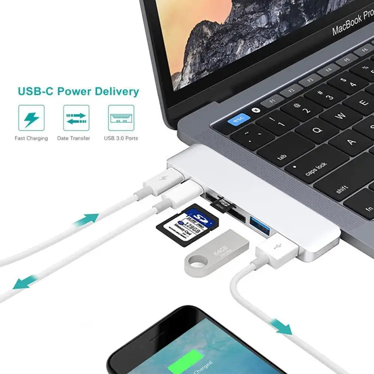 6 in 1 Multi-function Aluminium Alloy 5Gbps Transfer Rate Dual USB-C / Type-C HUB Adapter with 2 USB 3.0 Ports & 2