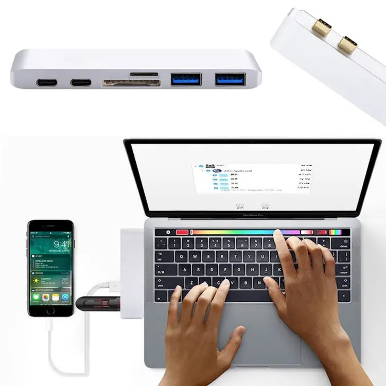 6 in 1 Multi-function Aluminium Alloy 5Gbps Transfer Rate Dual USB-C / Type-C HUB Adapter with 2 USB 3.0 Ports & 2