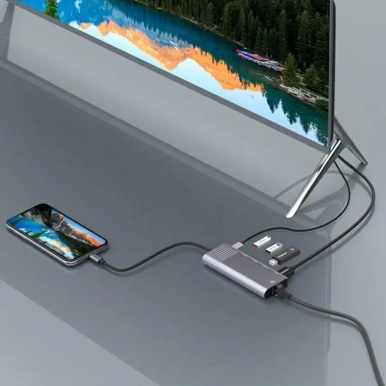 6 in 1 USB 2.0 x 3 + HDMI + RJ45 + 8 Pin Female Charging Port to 8 Pin Male Multi-function Dock Station Adapter 79591
