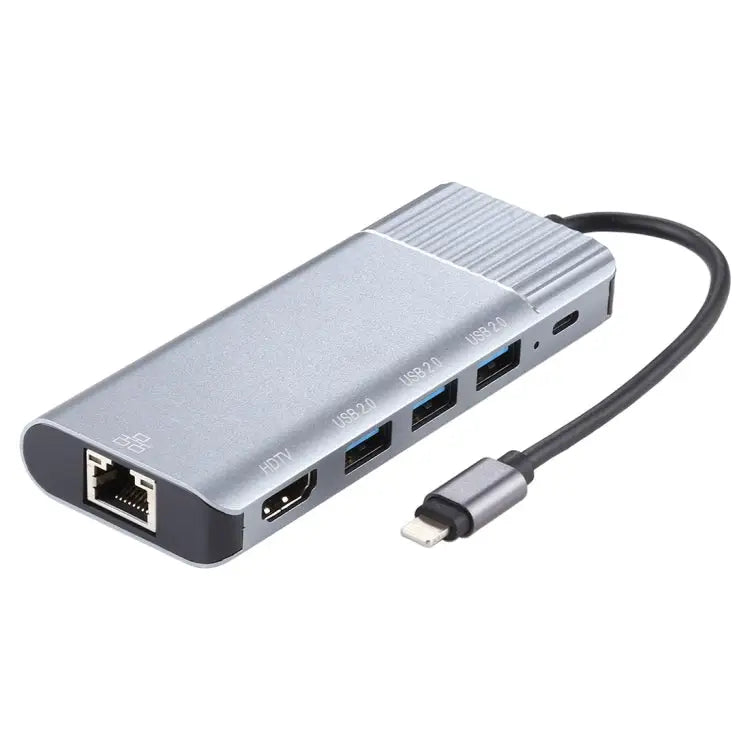 6 in 1 USB 2.0 x 3 + HDMI + RJ45 + 8 Pin Female Charging Port to 8 Pin Male Multi-function Dock Station Adapter 79591