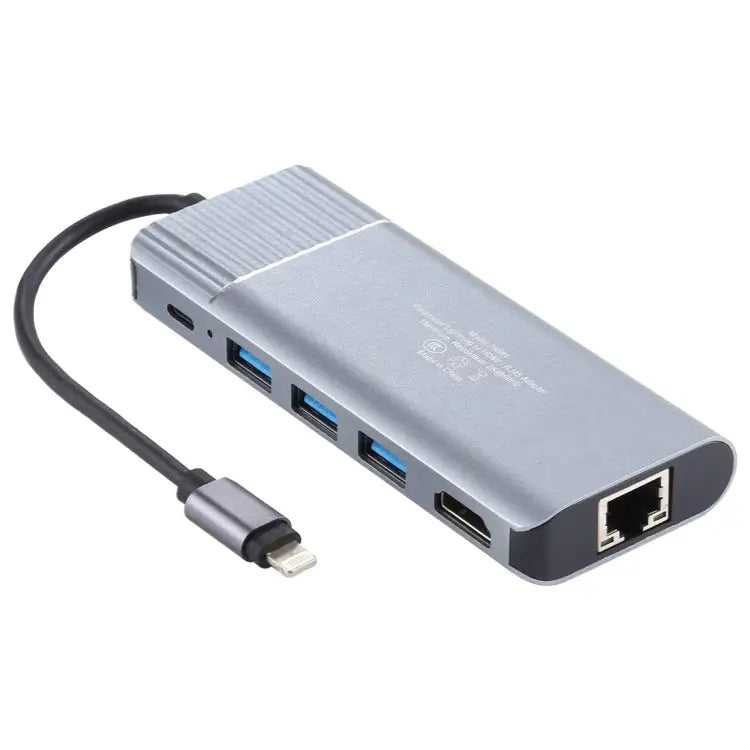 6 in 1 USB 2.0 x 3 + HDMI + RJ45 + 8 Pin Female Charging Port to 8 Pin Male Multi-function Dock Station Adapter 79591