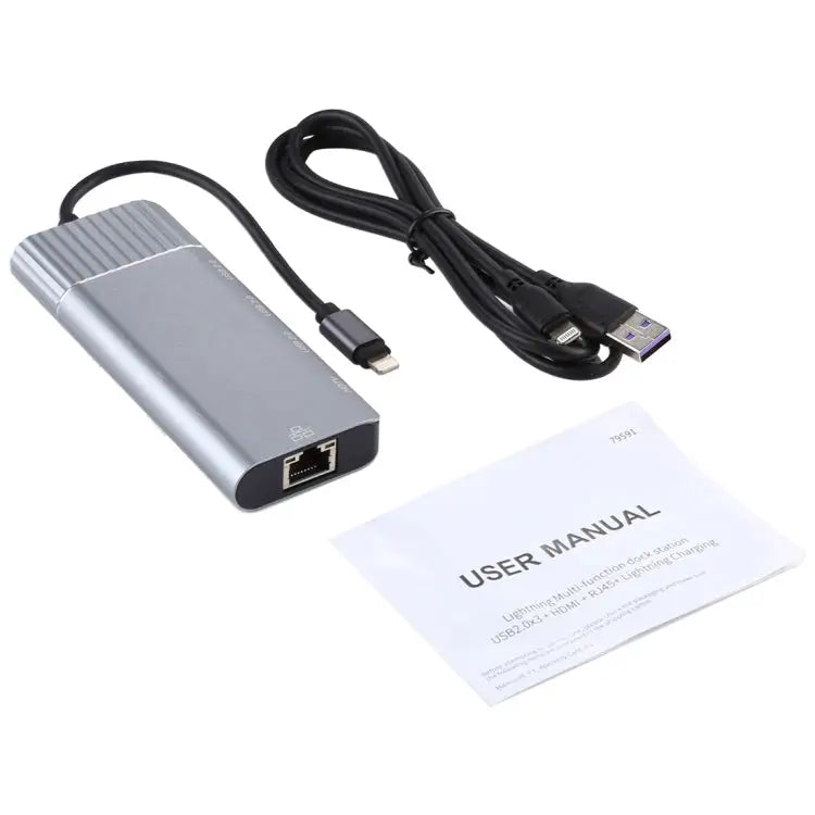 6 in 1 USB 2.0 x 3 + HDMI + RJ45 + 8 Pin Female Charging Port to 8 Pin Male Multi-function Dock Station Adapter 79591