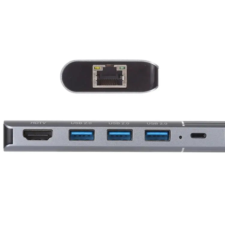 6 in 1 USB 2.0 x 3 + HDMI + RJ45 + 8 Pin Female Charging Port to 8 Pin Male Multi-function Dock Station Adapter 79591