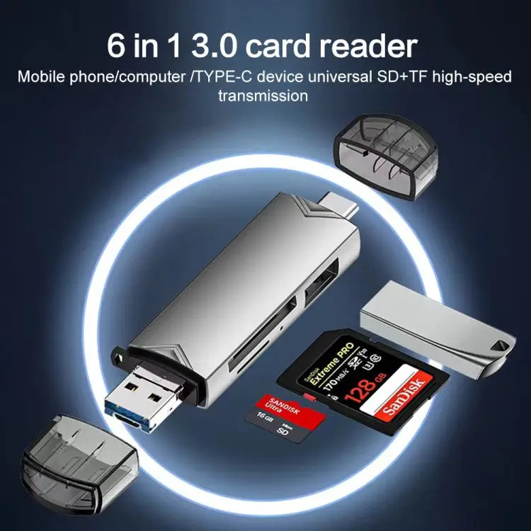 6 in 1 USB3.0 Micro USB Type-C to SD TF Card U Disk Multifunctional Card Reader Adapter 6 in 1 Card Reader - 6 in 1