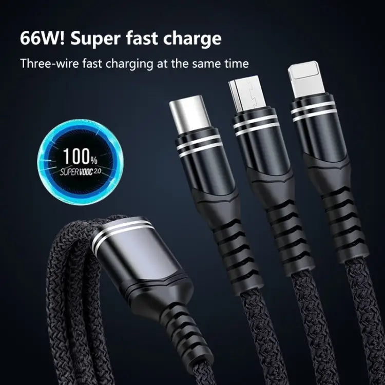 6A 66W 3 in 1 USB to 8 Pin + Micro USB + USB-C / Type-CFast Charging Braided Data Cable USB to 8 Pin + Micro USB