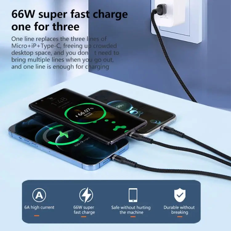 6A 66W 3 in 1 USB to 8 Pin + Micro USB + USB-C / Type-CFast Charging Braided Data Cable USB to 8 Pin + Micro USB