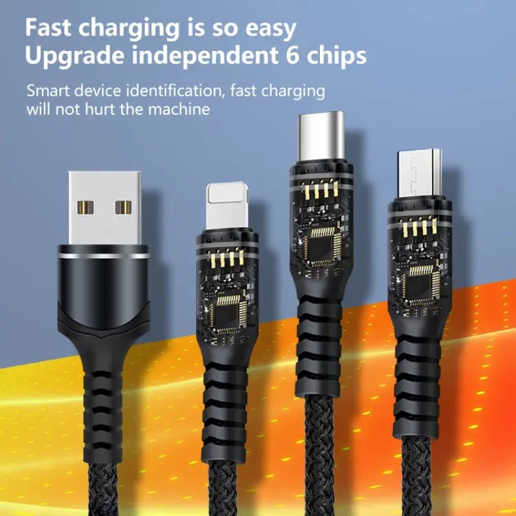 6A 66W 3 in 1 USB to 8 Pin + Micro USB + USB-C / Type-CFast Charging Braided Data Cable USB to 8 Pin + Micro USB