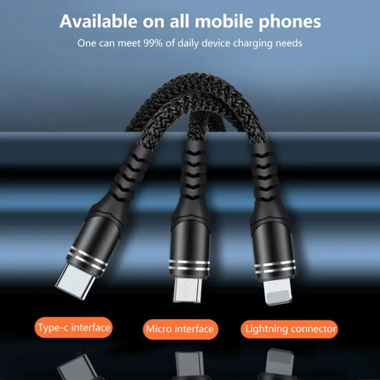 6A 66W 3 in 1 USB to 8 Pin + Micro USB + USB-C / Type-CFast Charging Braided Data Cable USB to 8 Pin + Micro USB