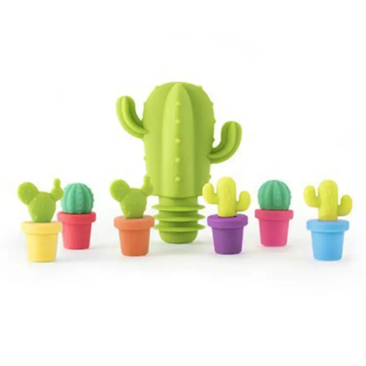 7 PCS Creative Cactus Silicone Wine Bottle Stopper + Wine Glass Marker Set 7 in 1 Wine Bottle Stopper - 7 in 1 Wine