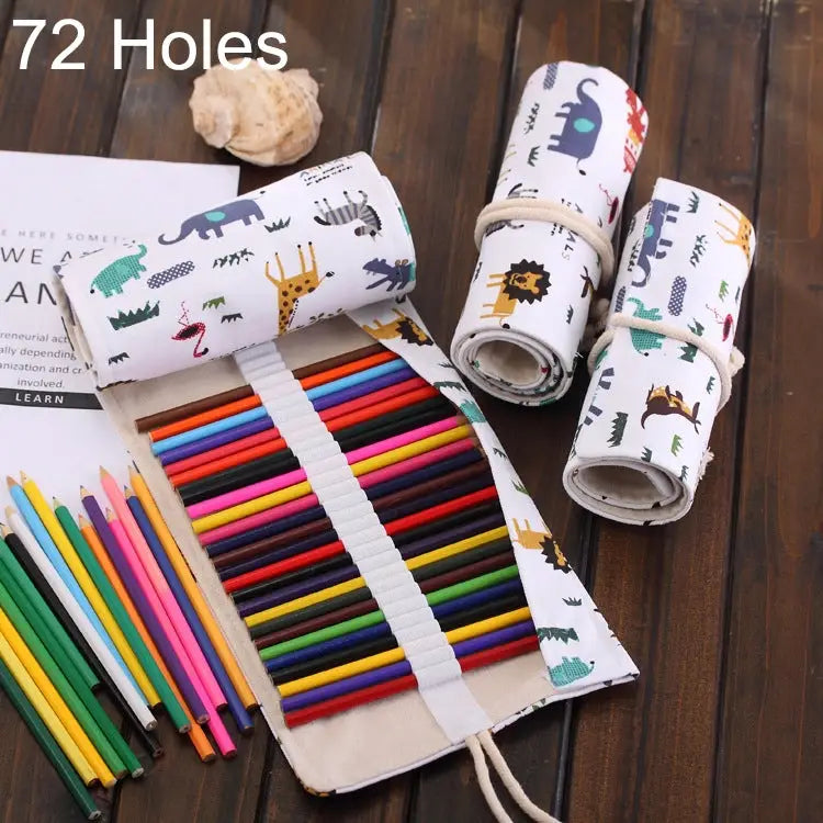 72 Slots Cartoon Animal Print Pen Bag Canvas Pencil Wrap Curtain Roll Up Pencil Case Stationery Pouch 72 Slots - 72