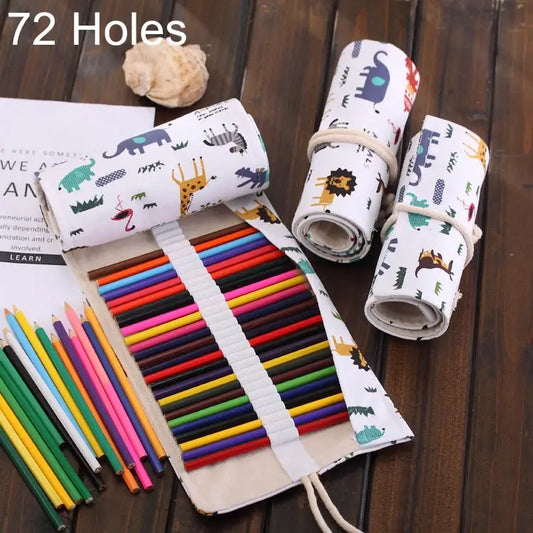 72 Slots Cartoon Animal Print Pen Bag Canvas Pencil Wrap Curtain Roll Up Pencil Case Stationery Pouch 72 Slots - 72