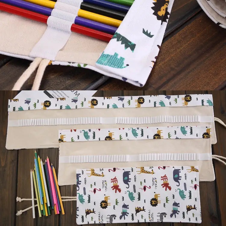 72 Slots Cartoon Animal Print Pen Bag Canvas Pencil Wrap Curtain Roll Up Pencil Case Stationery Pouch 72 Slots - 72