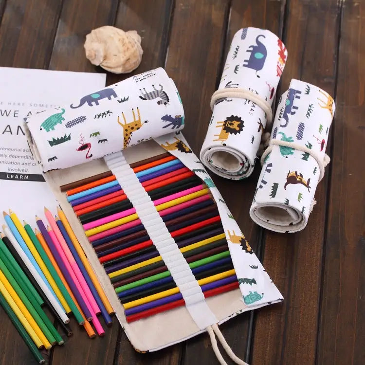 72 Slots Cartoon Animal Print Pen Bag Canvas Pencil Wrap Curtain Roll Up Pencil Case Stationery Pouch 72 Slots - 72
