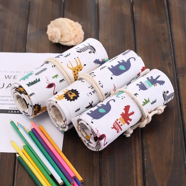 72 Slots Cartoon Animal Print Pen Bag Canvas Pencil Wrap Curtain Roll Up Pencil Case Stationery Pouch 72 Slots - 72