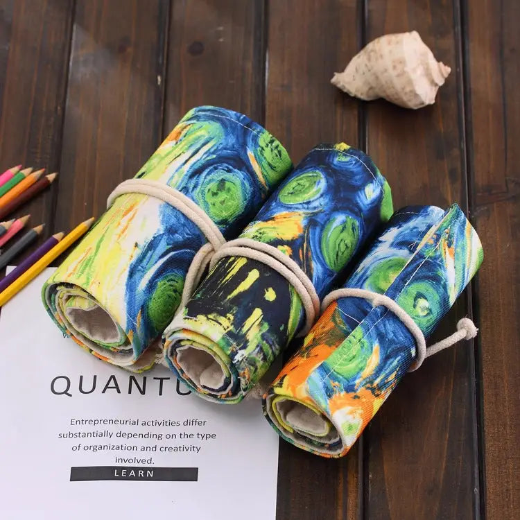 72 Slots Van Gogh Oil Painting Print Pen Bag Canvas Pencil Wrap Curtain Roll Up Pencil Case Stationery Pouch - 72 Slots