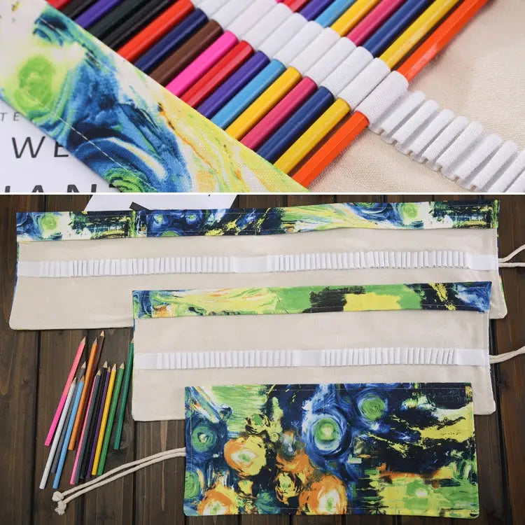 72 Slots Van Gogh Oil Painting Print Pen Bag Canvas Pencil Wrap Curtain Roll Up Pencil Case Stationery Pouch - 72 Slots