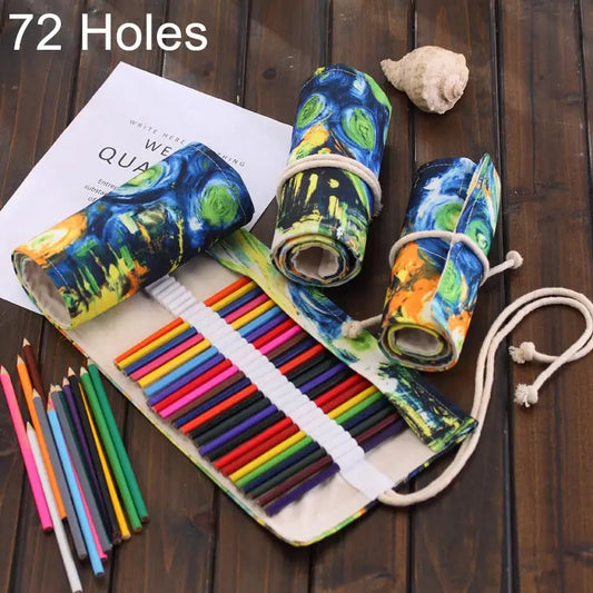 72 Slots Van Gogh Oil Painting Print Pen Bag Canvas Pencil Wrap Curtain Roll Up Pencil Case Stationery Pouch - 72 Slots