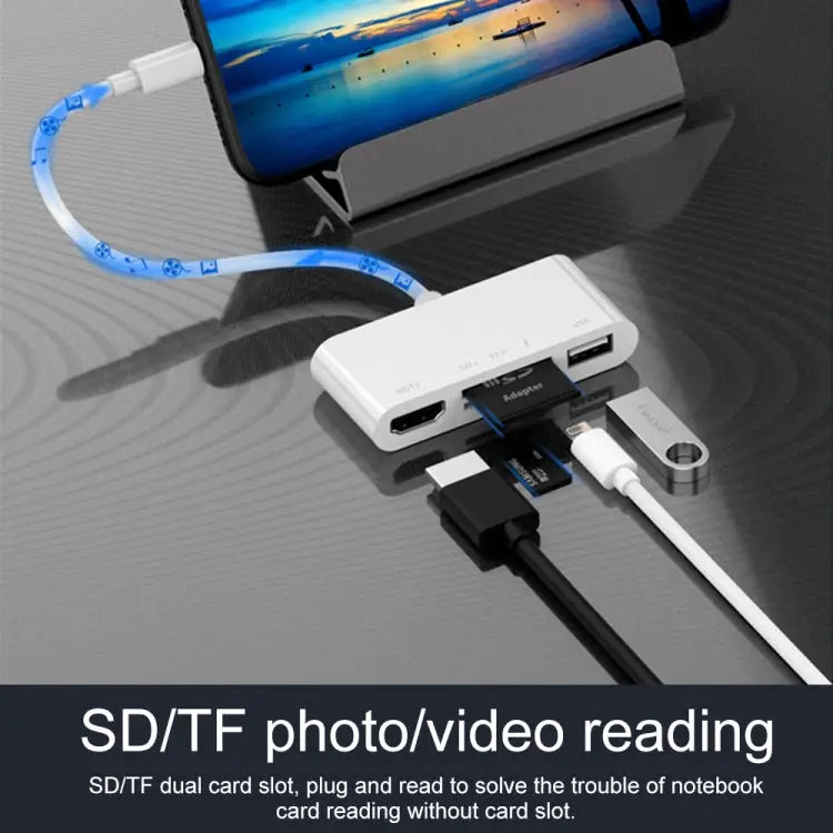 75215 5 in 1 8 Pin to HDMI + SD Card Slot + TF Card Slot + USB + 8 Pin Charging Port HD Video Converter 75215 - 75215