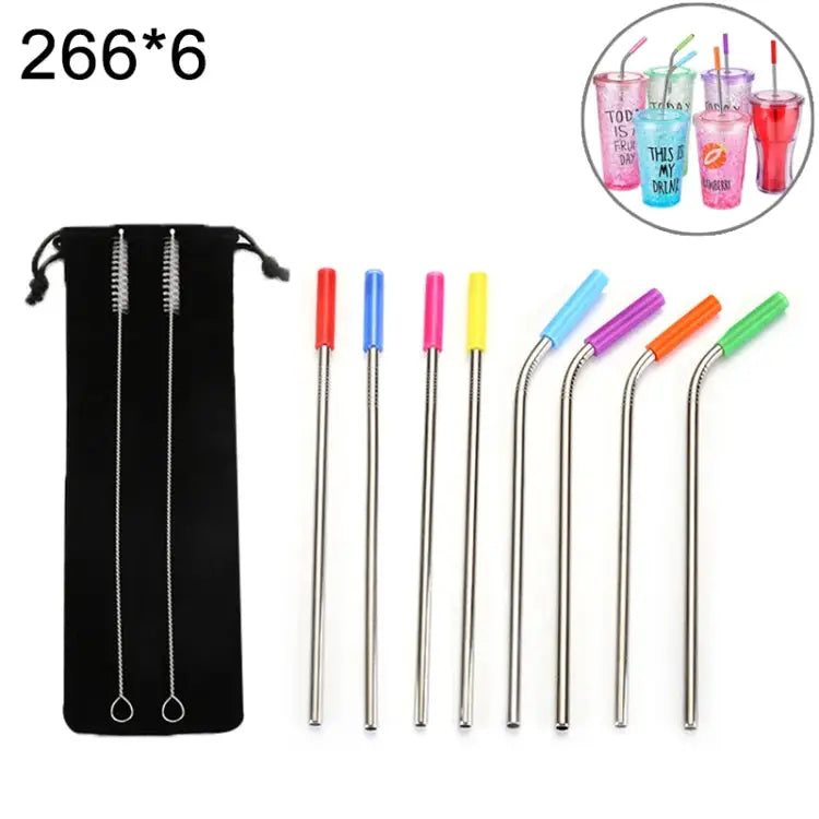 8 PCS Reusable Silicone Tips Stainless Steel Drinking Straws + 2 PCS Cleaner Brushes Set Kit with Cashmere Bag 266*6mm