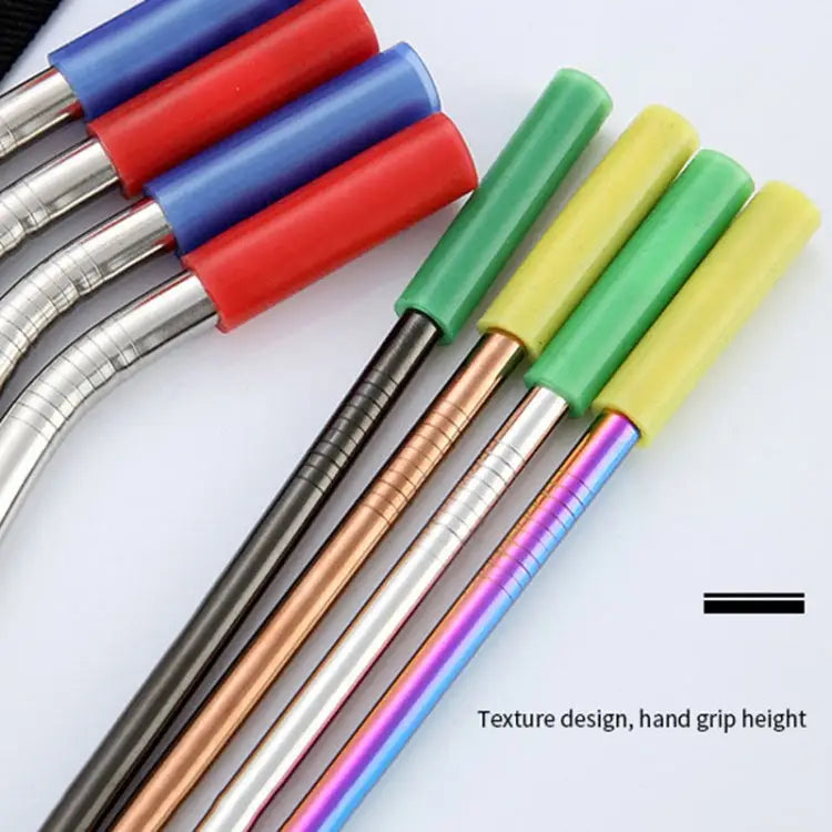 8 PCS Reusable Silicone Tips Stainless Steel Drinking Straws + 2 PCS Cleaner Brushes Set Kit with Cashmere Bag 266*6mm