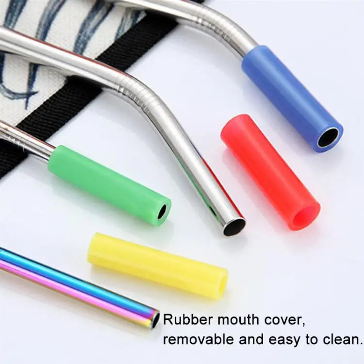 8 PCS Reusable Silicone Tips Stainless Steel Drinking Straws + 2 PCS Cleaner Brushes Set Kit with Cashmere Bag 266*6mm