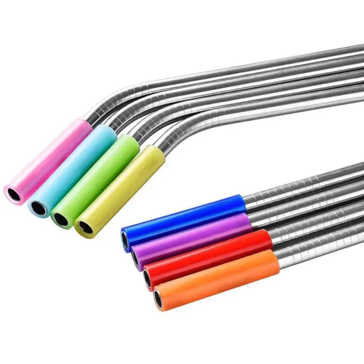 8 PCS Reusable Silicone Tips Stainless Steel Drinking Straws + 2 PCS Cleaner Brushes Set Kit with Cashmere Bag 266*6mm