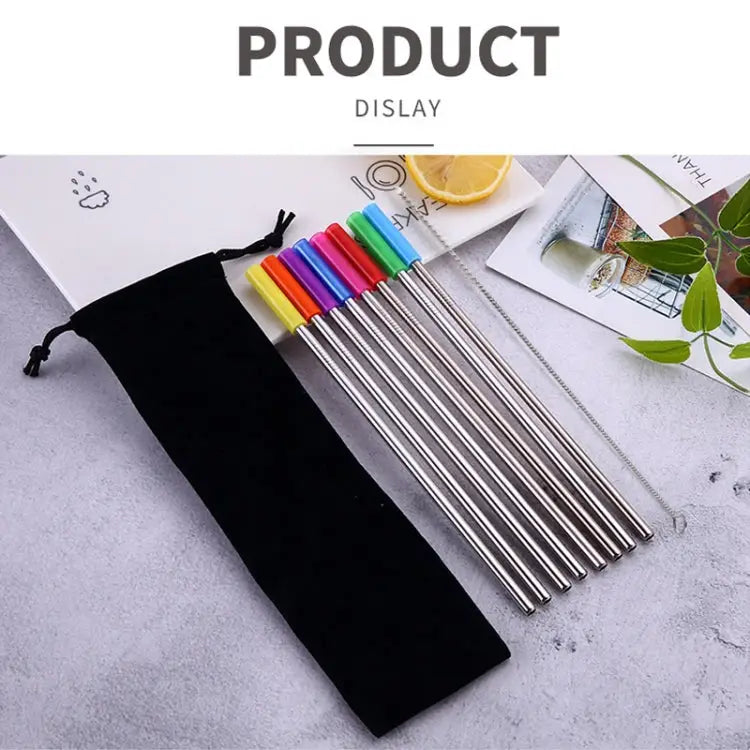 8 PCS Reusable Silicone Tips Stainless Steel Drinking Straws + 2 PCS Cleaner Brushes Set Kit with Cashmere Bag 266*6mm