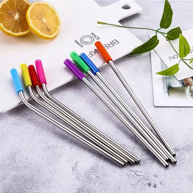 8 PCS Reusable Silicone Tips Stainless Steel Drinking Straws + 2 PCS Cleaner Brushes Set Kit with Cashmere Bag 266*6mm