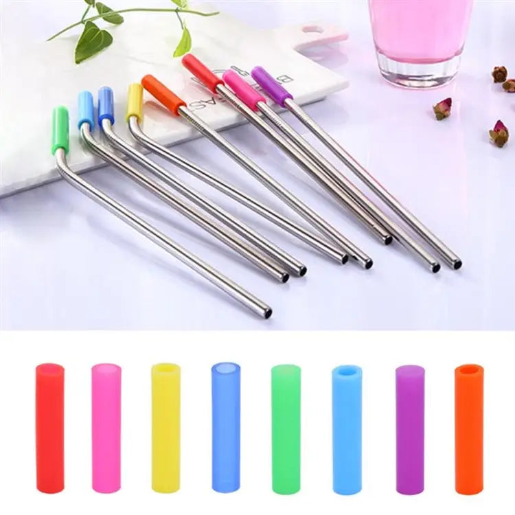 8 PCS Reusable Silicone Tips Stainless Steel Drinking Straws + 2 PCS Cleaner Brushes Set Kit with Cashmere Bag 266*6mm