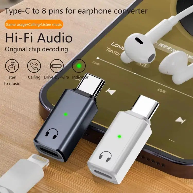 8 Pin Female to Type-C Male Adapter Hi-Fi Audio Sound Card Connector Charging + Audio - Charging + Audio / White