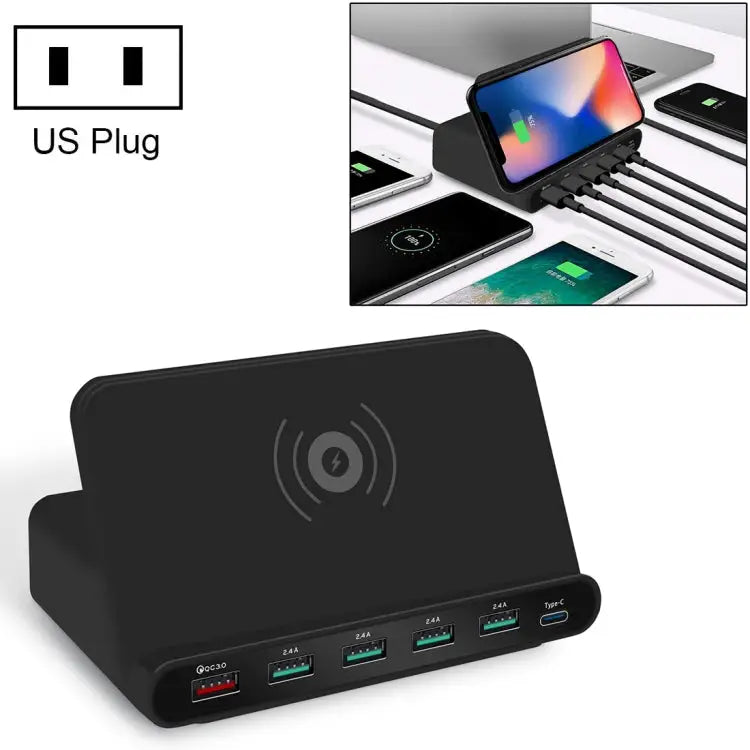 828W 7 in 1 60W QC 3.0 USB Interface + 4 USB Ports + USB-C / Type-C Interface + Wireless Charging Multi-function