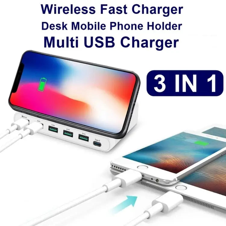 828W 7 in 1 60W QC 3.0 USB Interface + 4 USB Ports + USB-C / Type-C Interface + Wireless Charging Multi-function