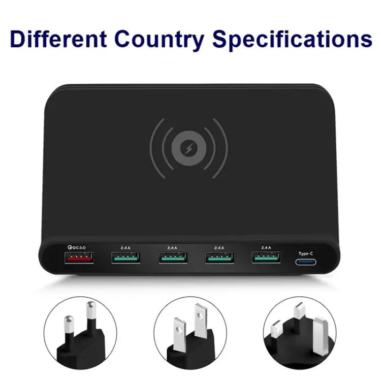 828W 7 in 1 60W QC 3.0 USB Interface + 4 USB Ports + USB-C / Type-C Interface + Wireless Charging Multi-function