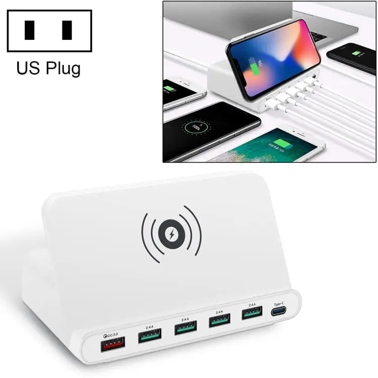 828W 7 in 1 60W QC 3.0 USB Interface + 4 USB Ports + USB-C / Type-C Interface + Wireless Charging Multi-function