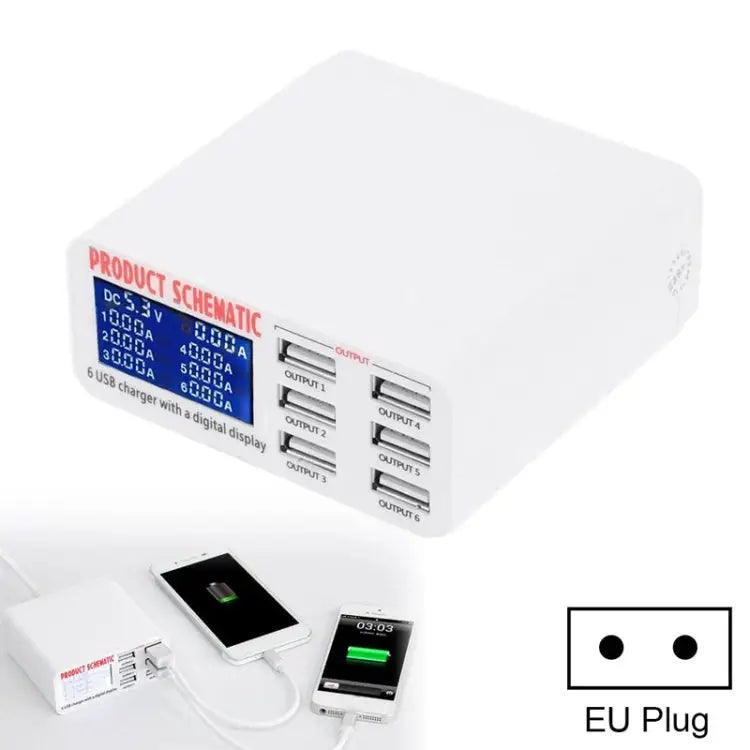 899 30W QC 3.0 6 USB Ports Fast Charger with LCD Digital Display EU Plug - 899