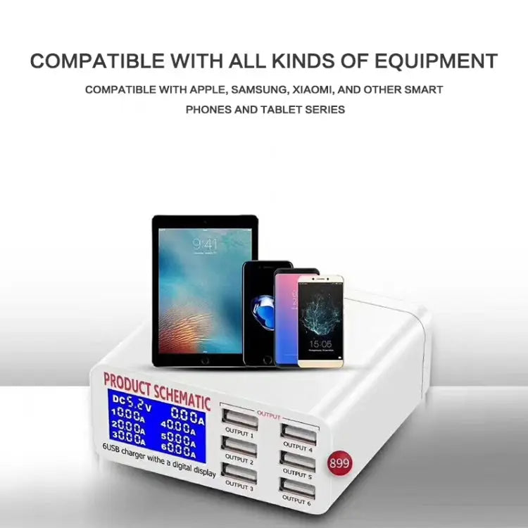 899 30W QC 3.0 6 USB Ports Fast Charger with LCD Digital Display EU Plug - 899