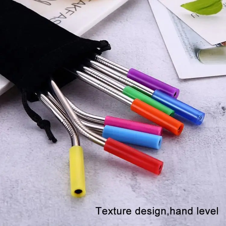 8pcs Reusable Silicone Tips Stainless Steel Drinking Straws + 2pcs Cleaner Brushes Set Kit with Cashmere Bag 215*6mm