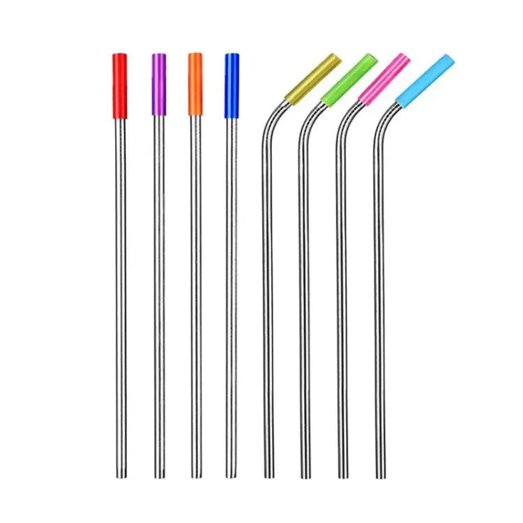 8pcs Reusable Silicone Tips Stainless Steel Drinking Straws + 2pcs Cleaner Brushes Set Kit with Cashmere Bag 215*6mm