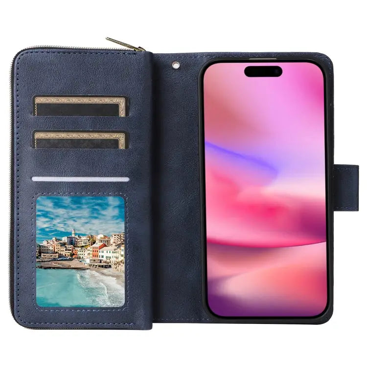 9 Card Slots Zipper Wallet Bag Leather Phone Case