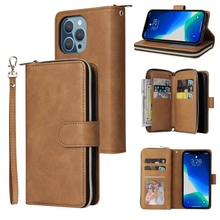 9 Card Slots Zipper Wallet Bag Leather Phone Case For iPhone 13 mini For iPhone 13 For iPhone 13 Pro For iPhone 13 Pro