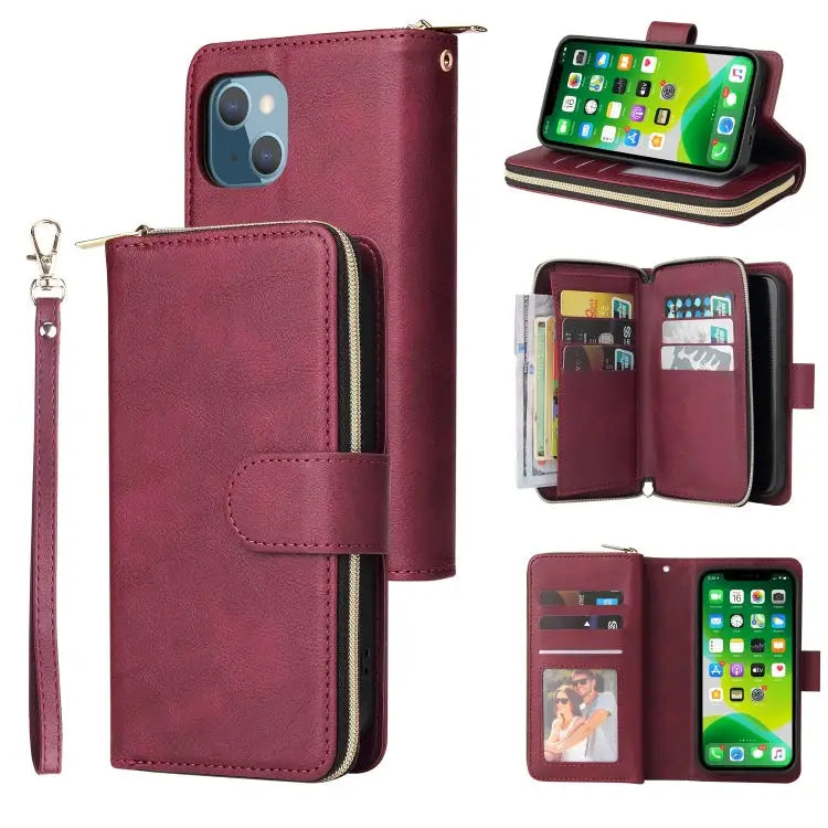 9 Card Slots Zipper Wallet Bag Leather Phone Case For iPhone 13 mini For iPhone 13 For iPhone 13 Pro For iPhone 13 Pro