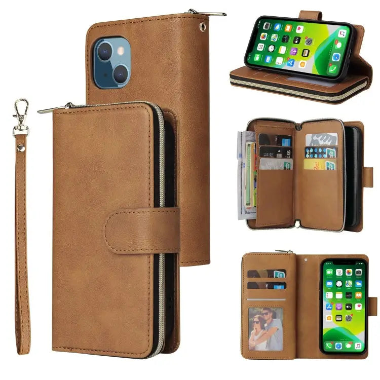 9 Card Slots Zipper Wallet Bag Leather Phone Case For iPhone 13 mini For iPhone 13 For iPhone 13 Pro For iPhone 13 Pro