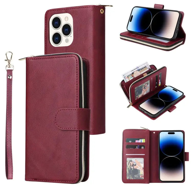 9 Card Slots Zipper Wallet Bag Leather Phone Case For iPhone 14 For iPhone 14 Plus For iPhone 14 Pro For iPhone 14 Pro