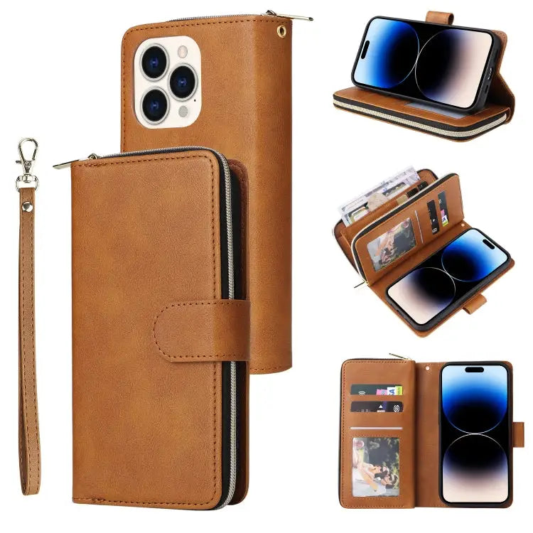 9 Card Slots Zipper Wallet Bag Leather Phone Case For iPhone 14 For iPhone 14 Plus For iPhone 14 Pro For iPhone 14 Pro